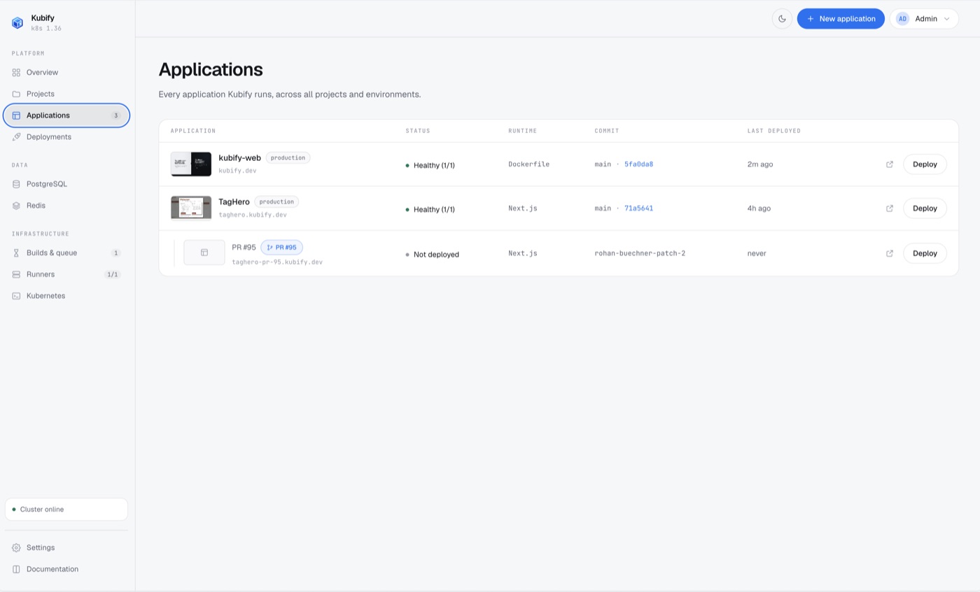 The Kaisin applications screen: two applications with their production environments, and a pull request preview nested beneath one of them.