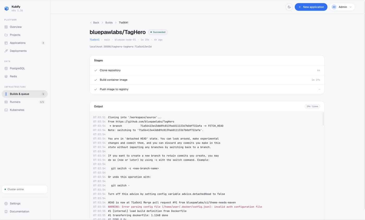 A Kaisin build log: clone, build the container image, push it to the registry, with the output beneath.
